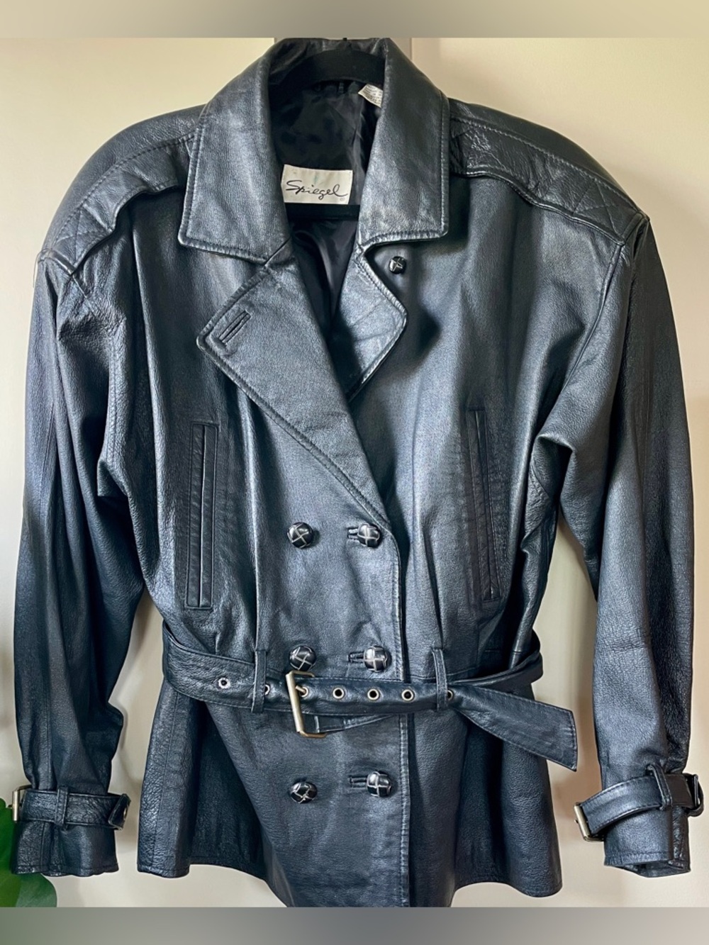 Vintage Spiegel Black Leather Jacket Belted Moto Style Size Small/Medium - Picture 3 of 12